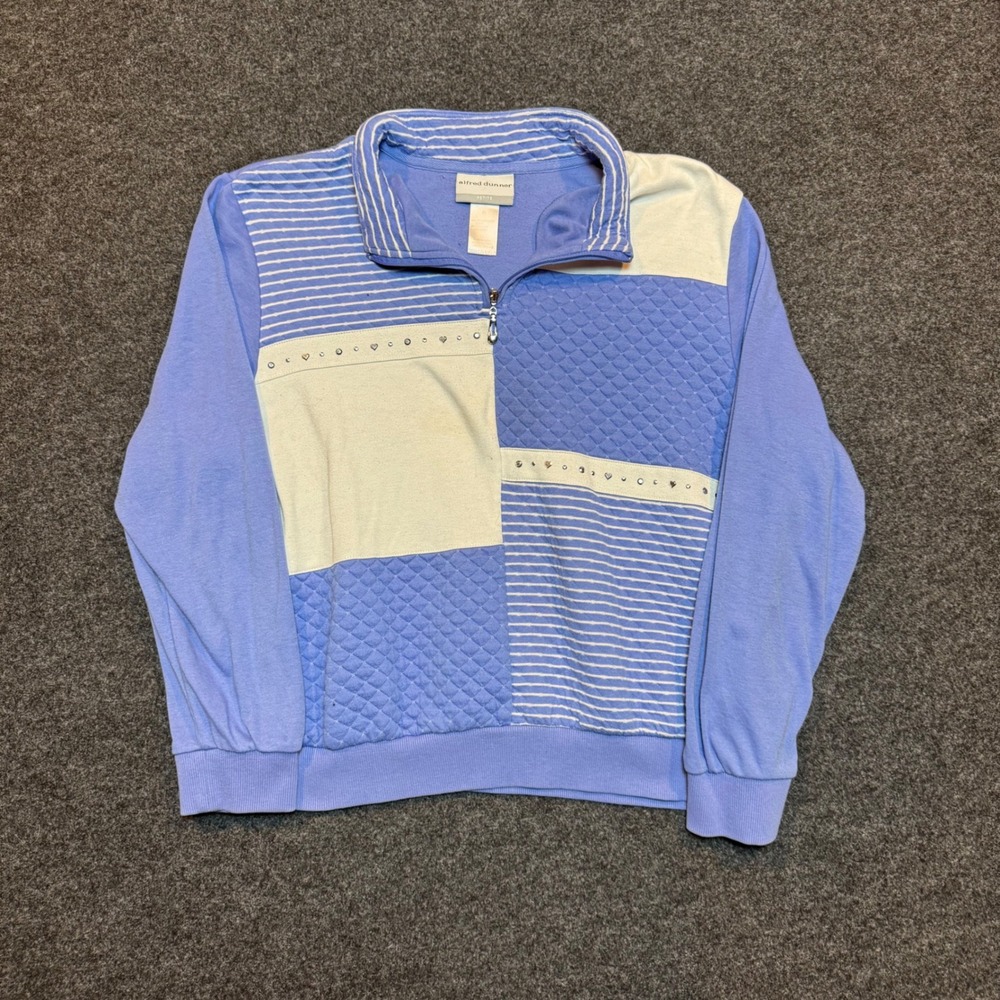 Alfred Dunner Petite Blue Colorblock Quilted Rhinestone Quarter Zip Sweater PL